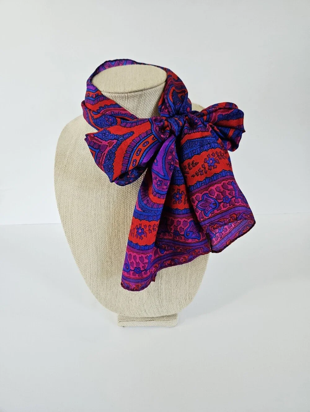 Vintage Vibrant Jewel Tone Paisley Mandela Rolled Edge Long Silk Scarf Foulard